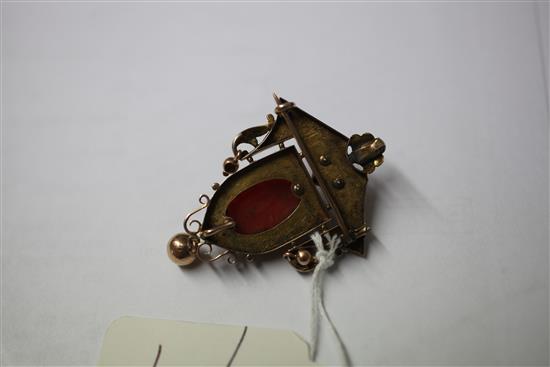 A Victorian gold, split pearl, black enamel and coral set drop pendant brooch, overall 2in.